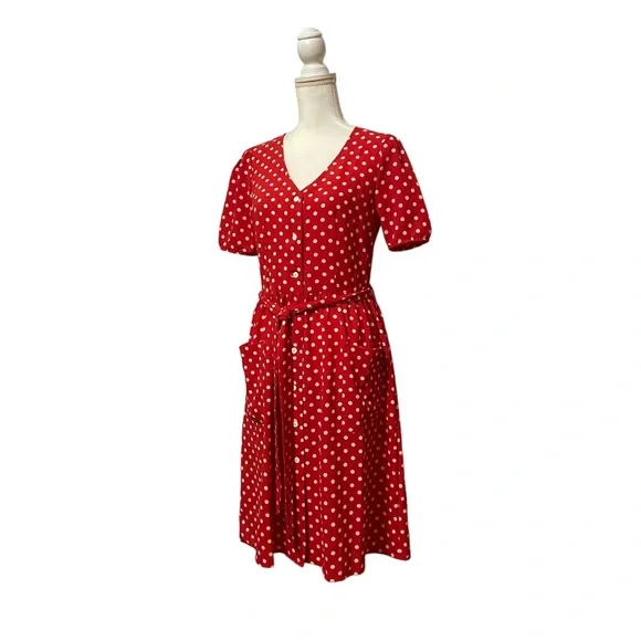 Eva Rose Short Sleeve Polka Dot Belted Dress with Pockets Red
